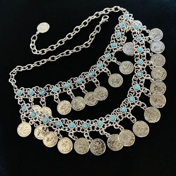 Lucky & Blessed Bohemian Floral Blue Silver Coin Layered Dangle Bib Necklace L&B - Picture 10 of 16